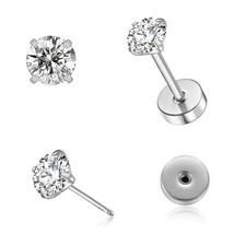 3mm Tiny CZ Flat Screw Back Stud Earrings for Unisex, Gold on Silver