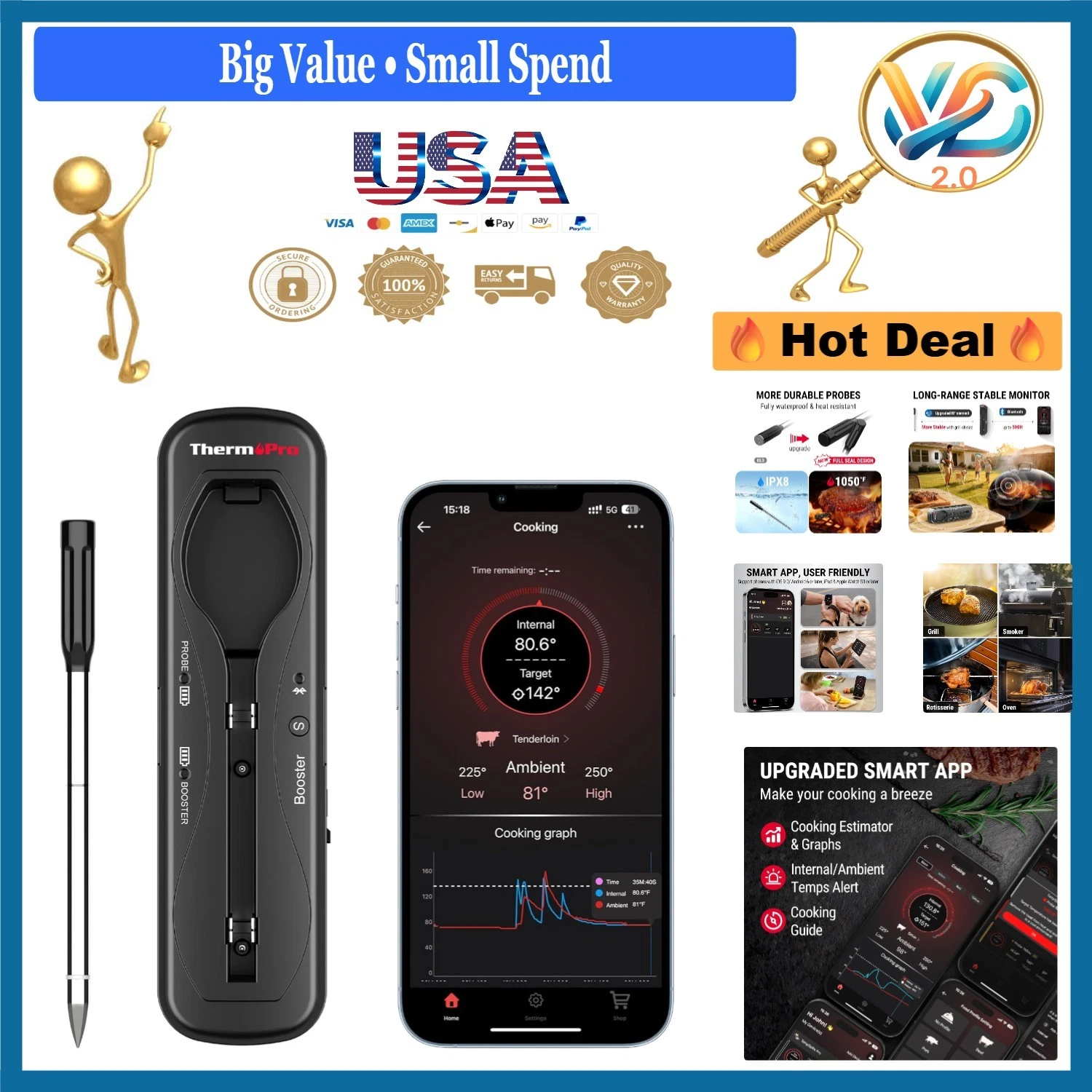Wireless Meat Thermometer Bluetooth 500ft App Smart Cooking Oven Grill Black