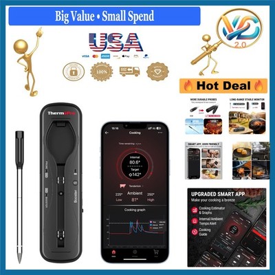 Wireless Meat Thermometer Bluetooth 500ft App Smart Cooking Oven Grill Black