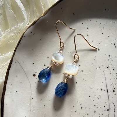 Blue Kyanite Mother of Pearl Multi Gemstone Gold Fill Artisan Boho Chic Earrings