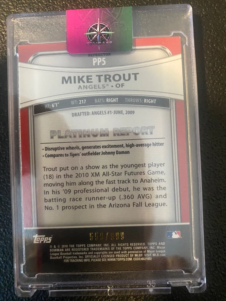 Bowman Platinum Mike Trout 2010 refractor de control remoto/999 #PP5 Foto 2 de 2