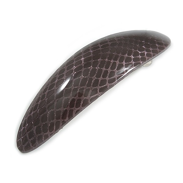 Charcoal Grey Snake Print Acrylic Oval Barrette/ Hair Clip In Silver Tone -