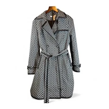 Vertigo Paris Trench Coat Womens Large Black White Belted Double Breasted Circle