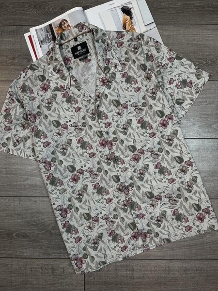 Men Navyboot Shirt Beige Cotton 42 / XL / 50 #B9F1