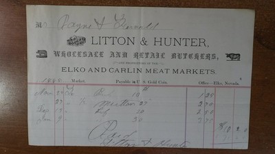 1885 Elko Nevada Litton & Hunter Retail Buthers Carlin Meat Markets Billhead