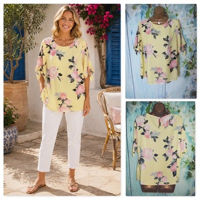 Wallis gelb rosa Blumen fließende Bluse Größe 16 geteilte Ärmel zum Binden Sommer Anlass