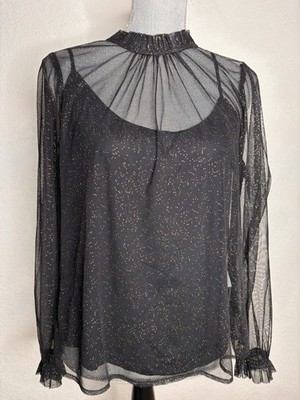 J. Crew Factory Black Gold Sparkle Sheer Long Sleeve Top Size M NWT