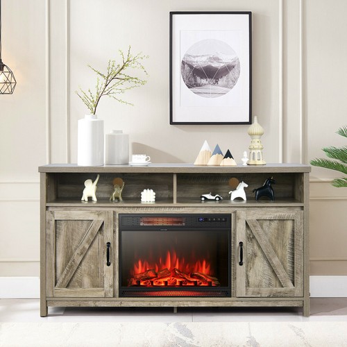 59" Fireplace TV Stand W/ 25" 1350W Electric Fireplace Heater Natural - Picture 4 of 10