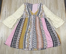 Kori Womens Size L Multicolor Print Mini Dress Lace Sleeve V Neck Boho Peasant 