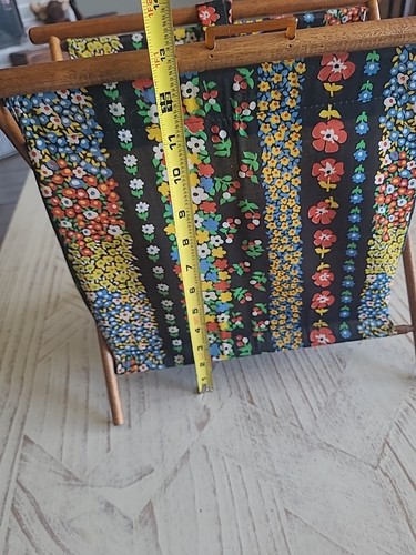 "Vintage 1970s Folding Knitting Basket Wood Frame Retro Floral Sewing Caddy Yarn - Picture 7 of 16