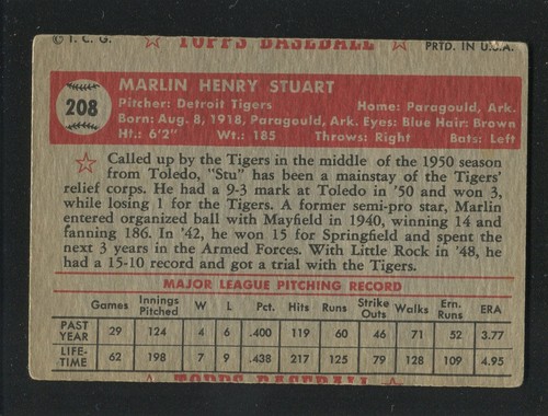 #208 MARLIN STUART, Tigers - 1952 Topps: VG, o/c, faint 1/8" crease 250399e - Bild 2 von 3