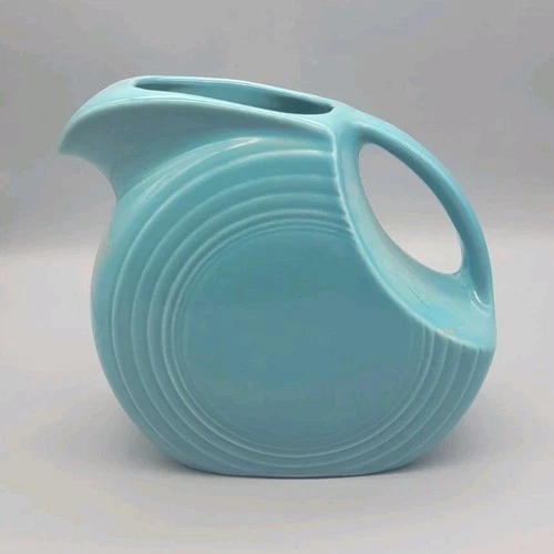 Vintage Fiesta Ware Turquoise Ceramic Pitcher, Glossy Pottery USA Art Deco