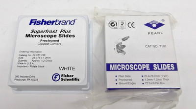Lot of 2 Microscope Slides, Fisherbrand Superfrost Plus and Pearl Plain Slides