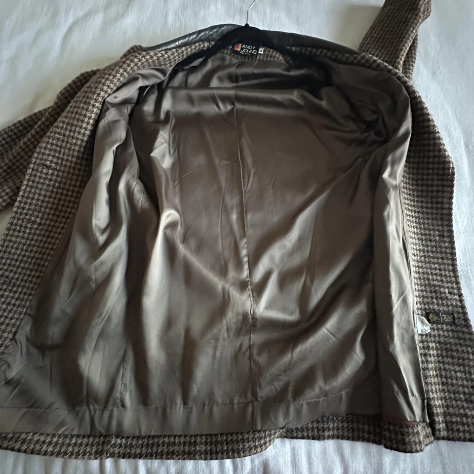 Abrigo vintage Andy Johns para mujer mediano marrón pata de gallo lana cuero cuello años 80 Foto 3 de 4