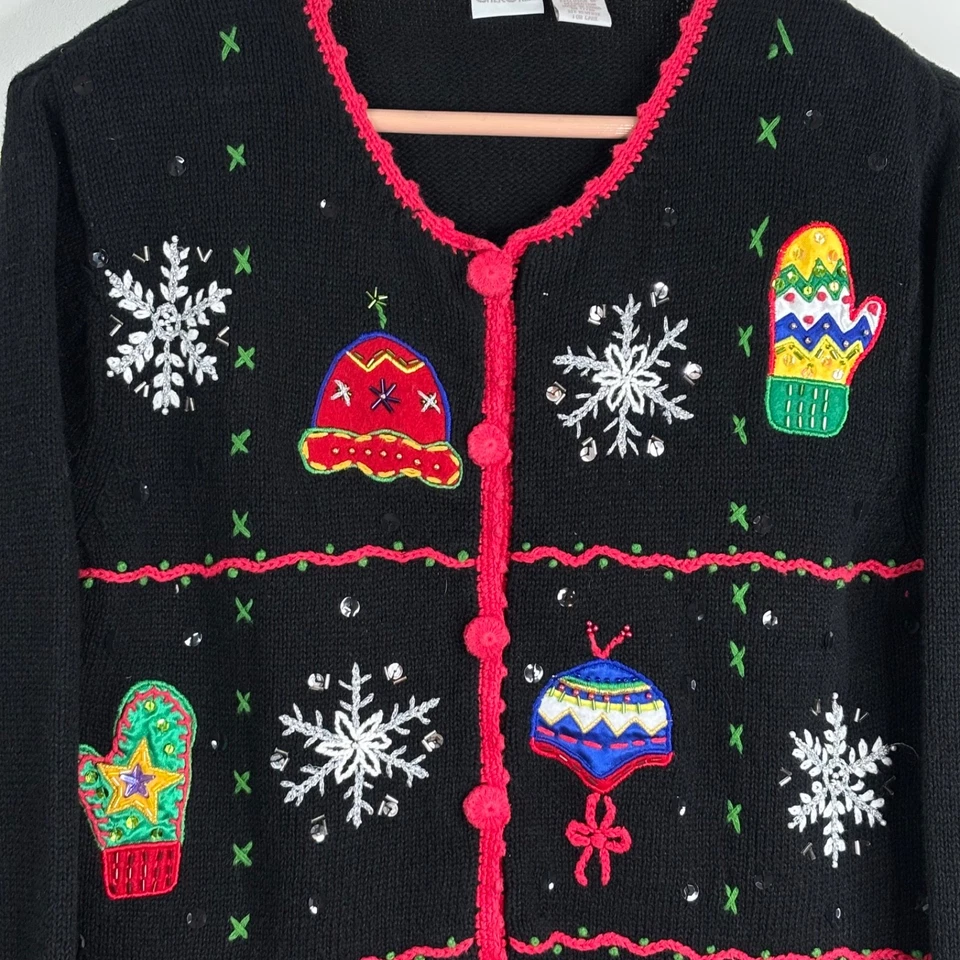 Cárdigan Suéter Navidad Feo Años 90 De Colección M Negro Cuentas Bordado Mitón Copo de Nieve Foto 2 de 4