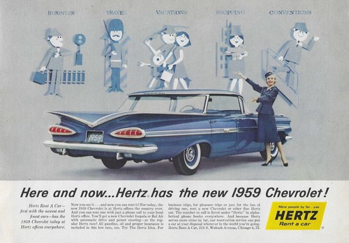 1959 Chevy Impala Anzeige Hertz Rent A Car Rental Oldtimer Zeitschrift Anzeige 59