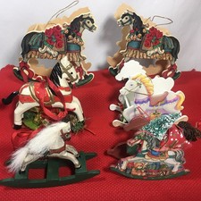 Vintage 3D Wood Rocking Horse Christmas Ornaments - Lot Of 6 Wooden