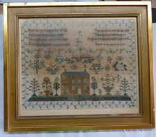 antique school girl sampler Ann Hammett 1827 house verse flowers butterfly 17x20