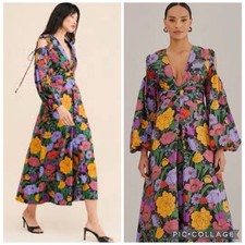 Farm Rio Bucolic Garden Black Floral Deep V Cutout Sleeve Maxi Dress NWT M