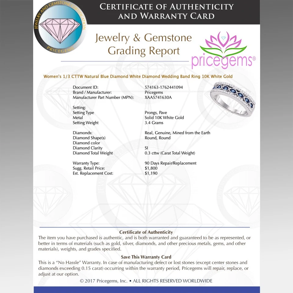 1/3 CTTW Natural Blue Diamond White Diamond Wedding Band Ring 10K White Gold - Image 2 of 3