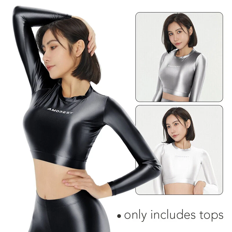 AMORESY Women Oil Shiny Stretch Crop Top Glossy Long Sleeve Sports Gym T- shirt