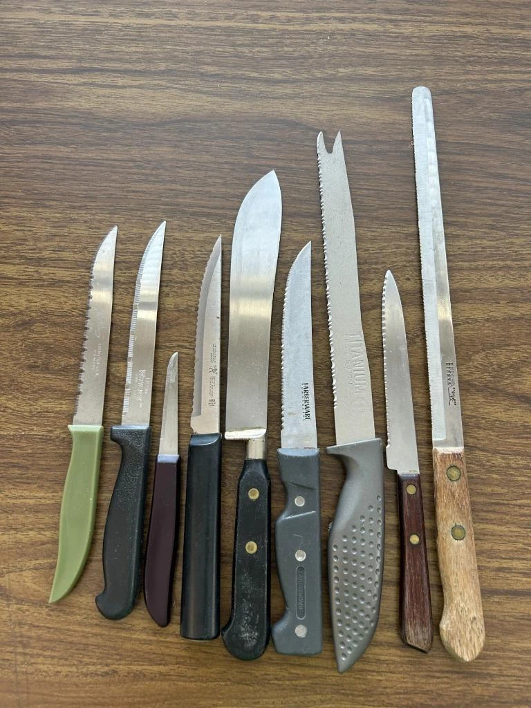 LOT 9 kitchen knives stainless steel EKCO Henckels Farberware Titanium vintage