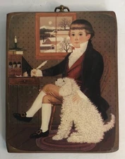 Vintage Charles Wysocki Wooden Panel Man & Dog,  Mid-Century Art Primative