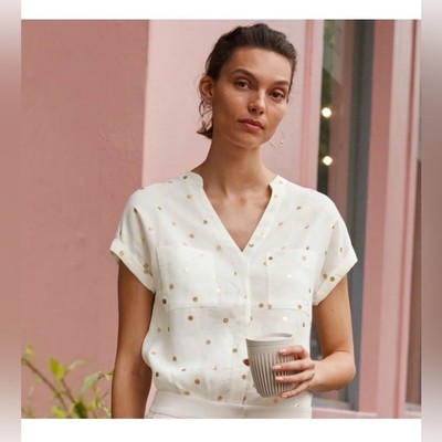New Boden Evie Ivory Linen Gold Foil Polka Dot Button Down Shirt Size 8