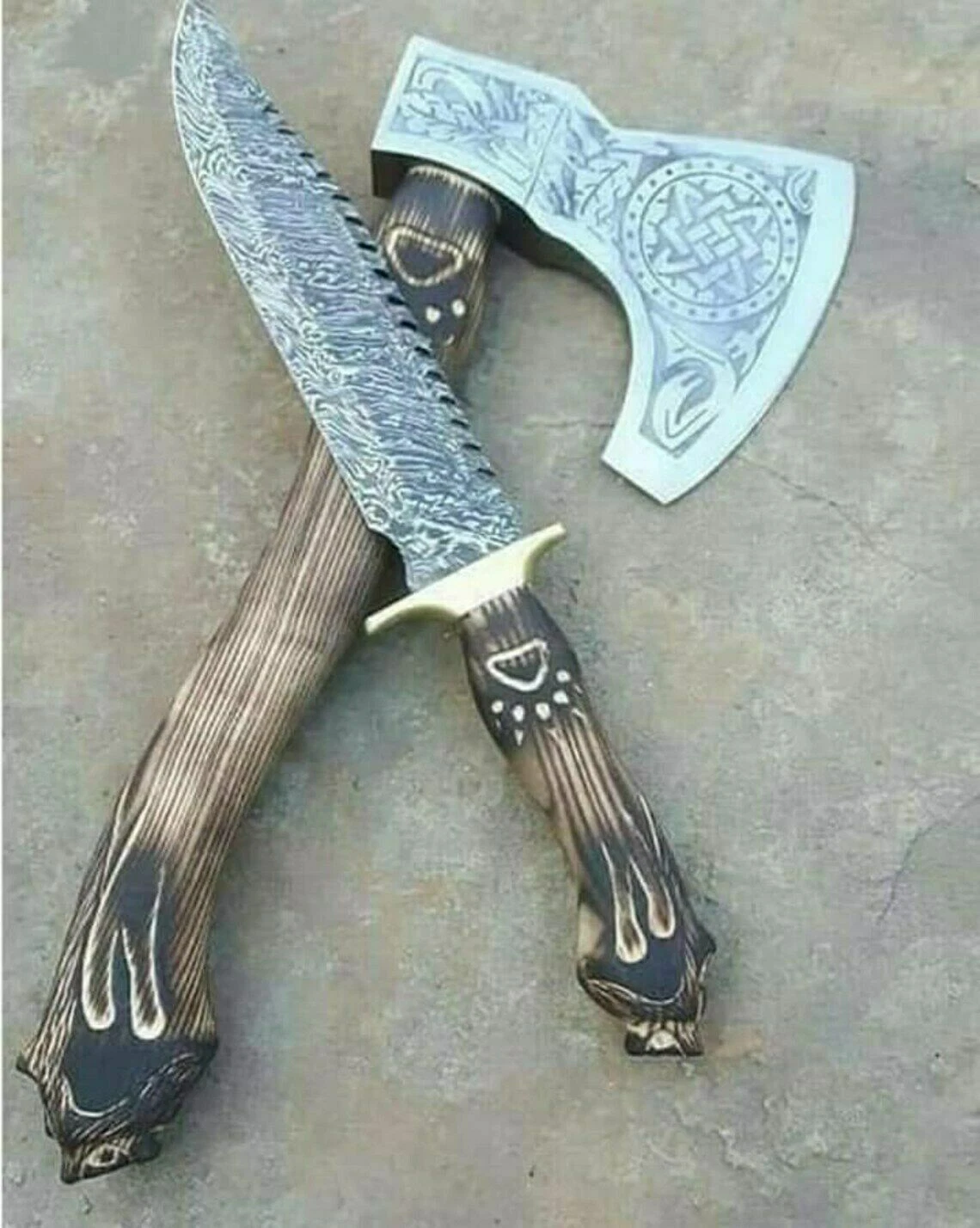 CUSTOM HANDMADE CARBON AND DAMASCUS STEEL AXE AND KNIFE/LEATHER SHEATH