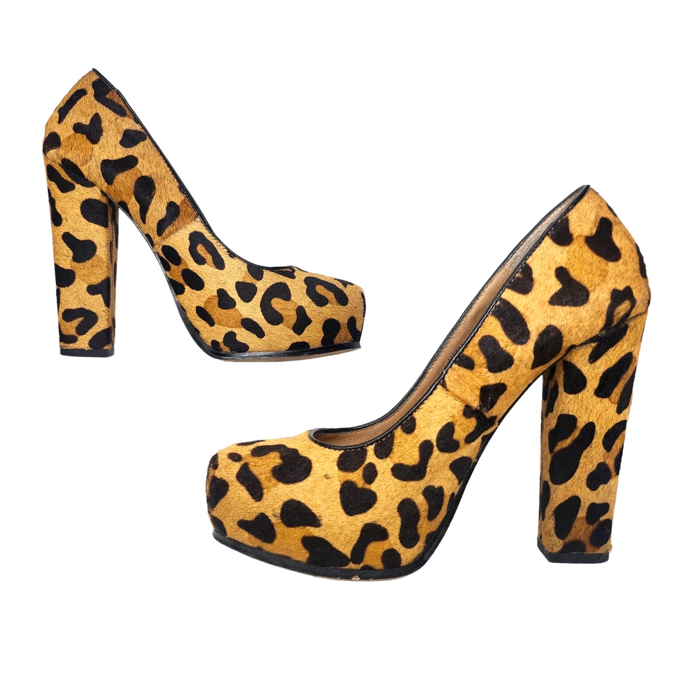 Steve Madden Zapatos Mujer 7 Marrón Negro Cuero Guepardo Pelo Poni Bloque Tacones Foto 2 de 4