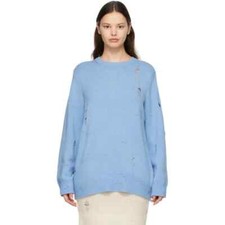 Helmut Lang Blue distressed wool yak cashmere knit sweater pullover jumper XS