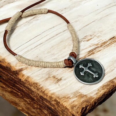 Rustic Leather Hemp Necklace with Pewter Cross – Handmade