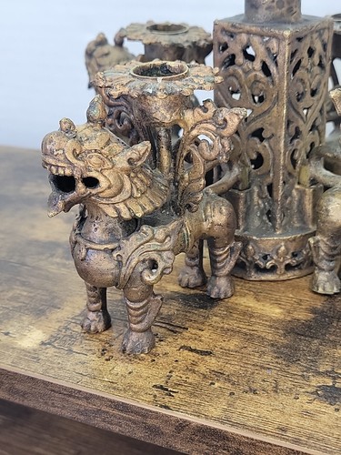 ASIAN ANTIQUE CANDELABRA FOO DOG WINGED DRAGON LION 5 CANDLES HEAVY BRONZE BRASS - Picture 9 of 16