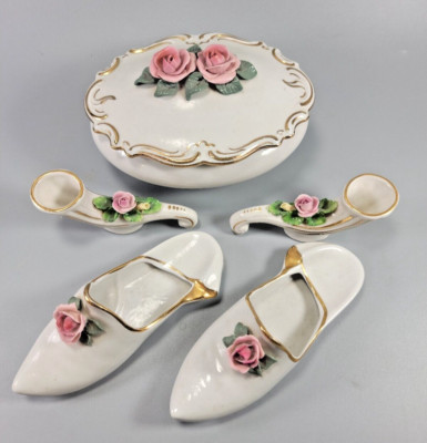 Vtg Dresden Porcelain  Cornucopia Candleholders, Trinket box, Shoe/Slipper Set