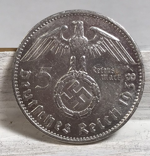 1938 A 5 Mark German WW2 Silver Coin Third Reich High Grade w/Luster Free Ship U