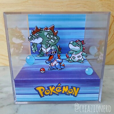 BIG PIXEL BOX POKEMON DIORAMA CUBE - totodile evolution - HANDMADE 