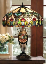 Stained Glass Table Desk Lamp Tiffany Style  Double Lit Floral Design Shade