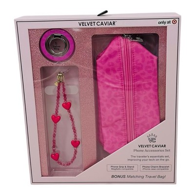 Hot Pink Leopard Cell Phone Accessories Gift Set Grip Stand Travel Bag Charm