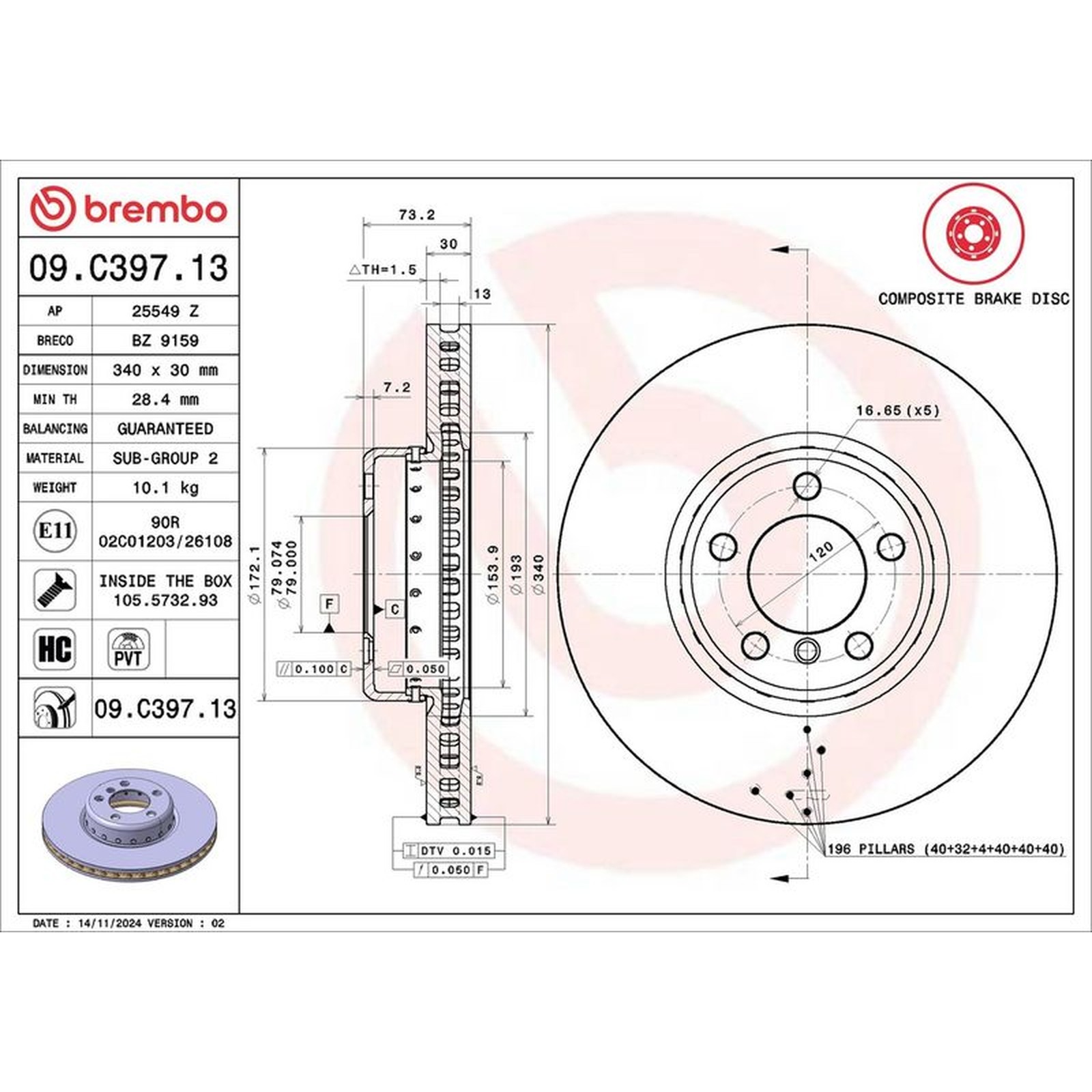 Brembo Prime Line Composite Vented Two-Piece Brake Disc 09.C397.13 Fits BMW