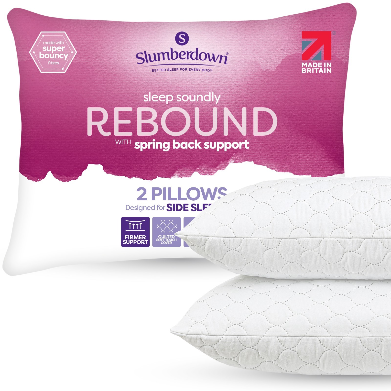 Rebound Quilted Pillow Firm Support for Side Sleepers, 2 Pack