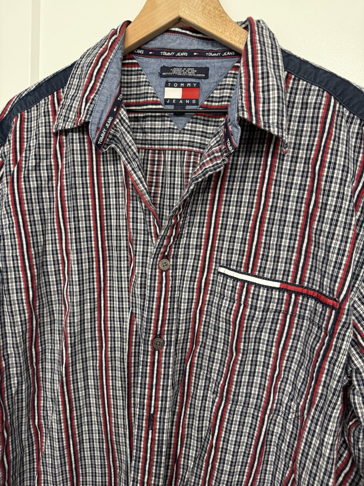 Vintage Tommy Hilfiger Men’s Shirt Large Plaid Striped Long Sleeve Y2K Camp