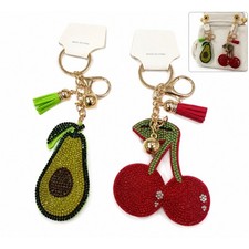 Set of 2 Rhinestone Fruit Keychains Purse Charms Avocado Cherry Cute Gift Tassel