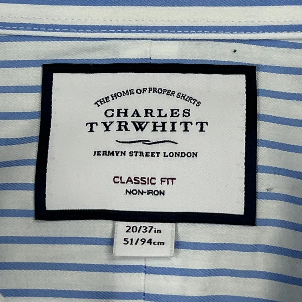 Charles Tyrwhitt Dress Shirt Mens 20 Blue Stripe Classic French Cuff Button Up - Image 2 of 4