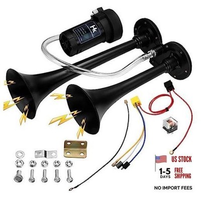 150db Super Loud Dual Trumpet Air Horn Kit with Compressor for Vehicles, Black