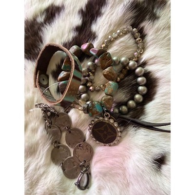 Sandra Ling 5pc Stacker Bracelets Turquoise Buffalo Nickel Leather Western Set