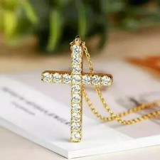 14K Yellow Gold Plated 1.50 Ct Round Cut Simulated Diamond Womens Cross Pendant