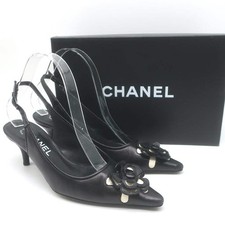 Chanel 05A CC Camellia Pointed Toe Slingback Pumps Black Leather Size 36