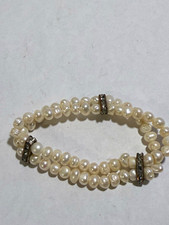 Vintage 3 Strand Freshwater Pearl Cream Baroque Pearl Bracelet Rhinestone Spacer