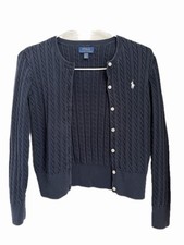 POLO RALPH LAUREN Kids Cable-Knit Cotton Crewneck Cardigan Blue M 8-10 