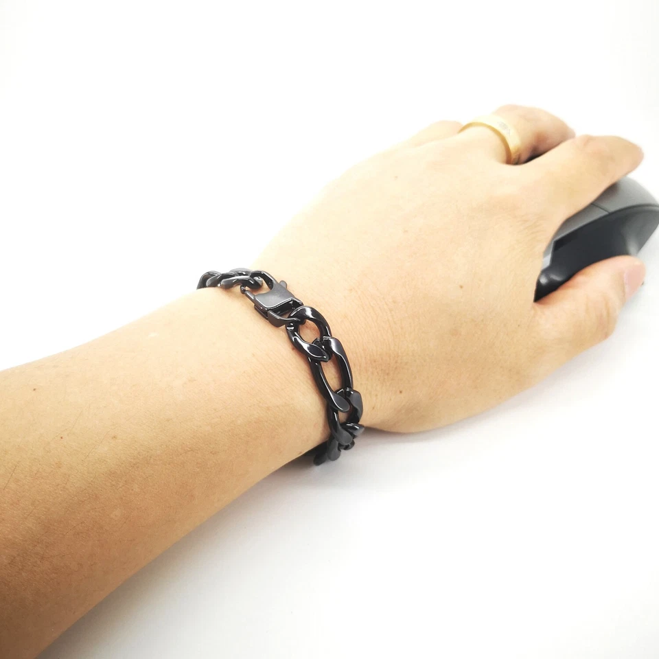 Pulsera de acero inoxidable pulido cadena negra de 12 mm para hombre Joya de eslabones Figaro Foto 3 de 4